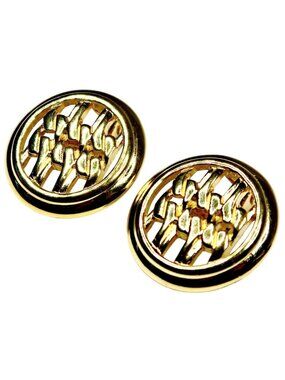 1980s Monet Clip-On Earrings Vintage Gold Tone Pierced Basket Weave 1" Round